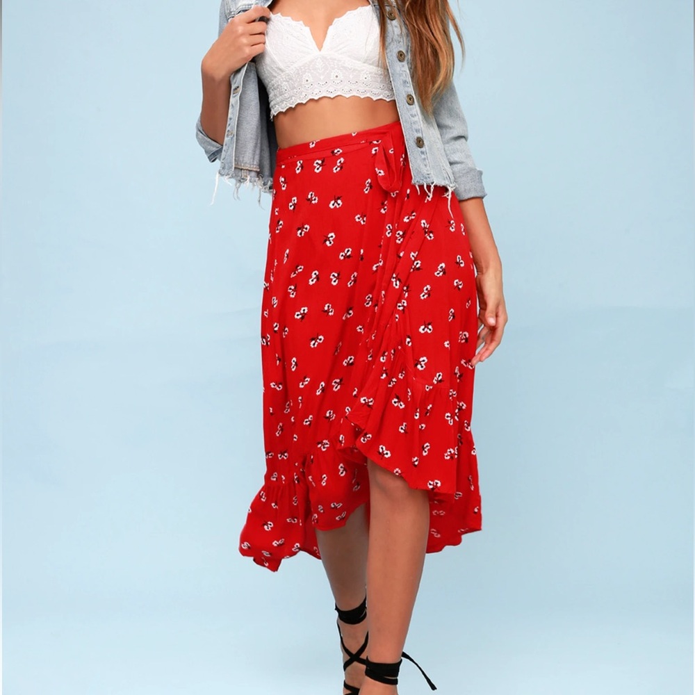 Billabong Dancing Til Dawn Red Floral Print Midi Wrap Skirt